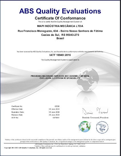 Certificate of conformance ABS Quality Evaluations, norma IATF 16949:2016, emitido para MAPI Indústria Mecânica Ltda, certificado nº 65590, IATF nº 0475691.