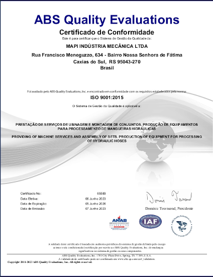 Certificado de conformidade ABS Quality Evaluations, norma ISO 9001:2015, emitido para MAPI Indústria Mecânica Ltda, certificado nº 65589.